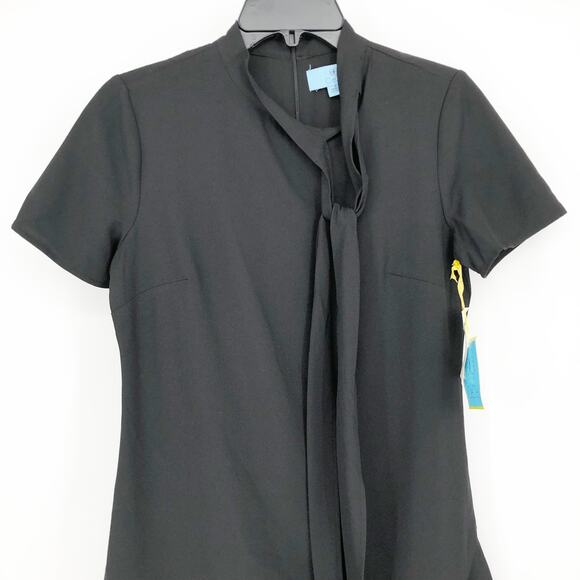 CECE Ruffled Bow Neck Mini Dress 10 Black Short Sleeve Fit & Flare NWT - Picture 5 of 13